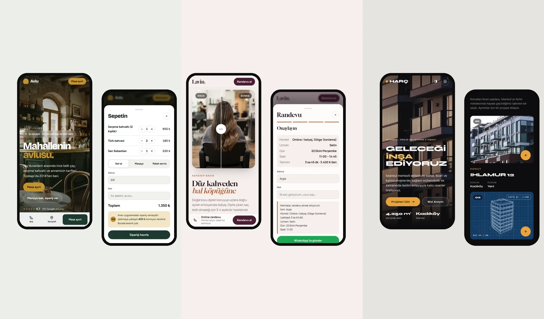 Café, salon and construction site templates on phone screens